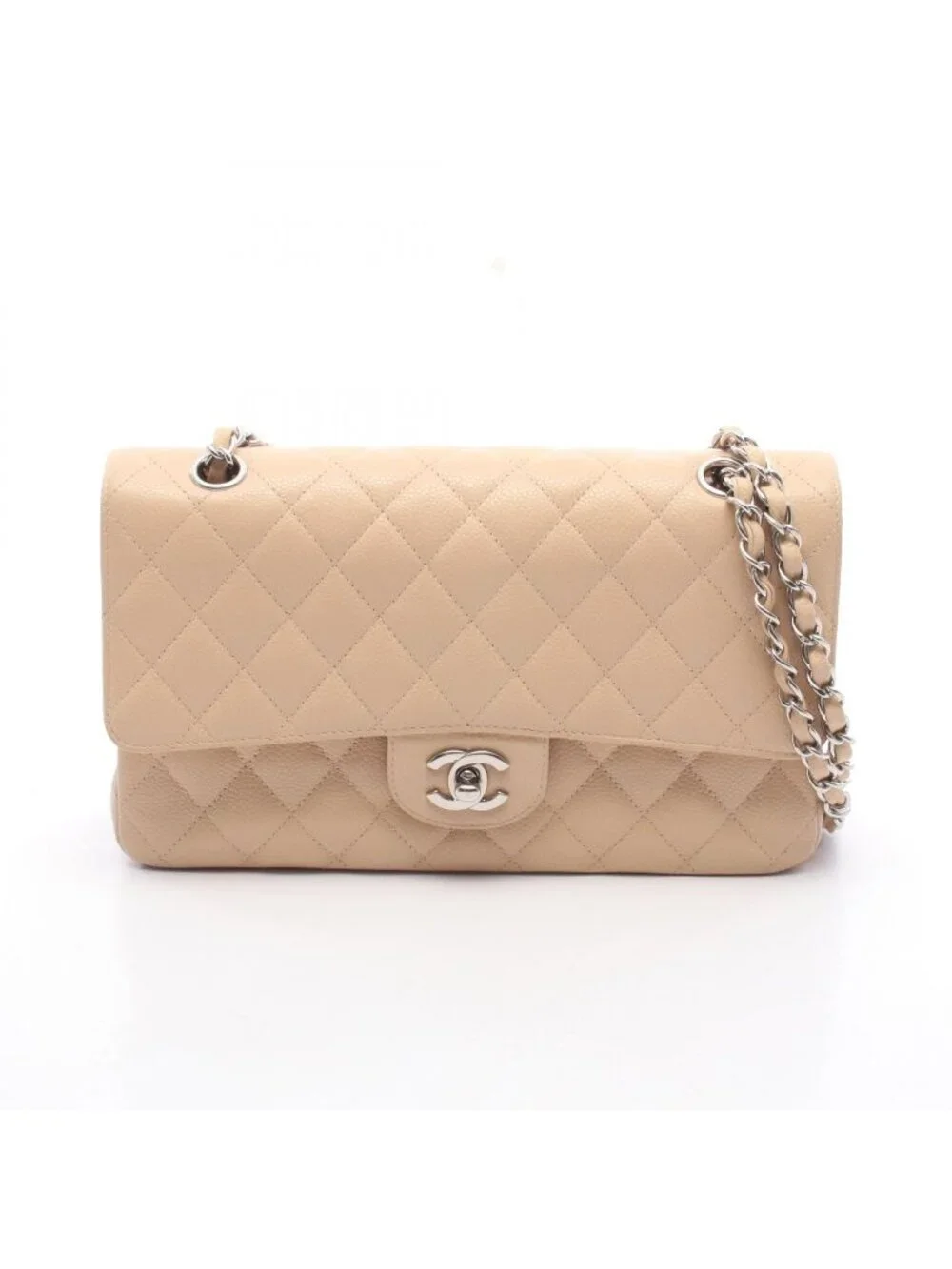 Chanel Shoulder Bag Quilted Double Flap Beige Caviar Leather Chain